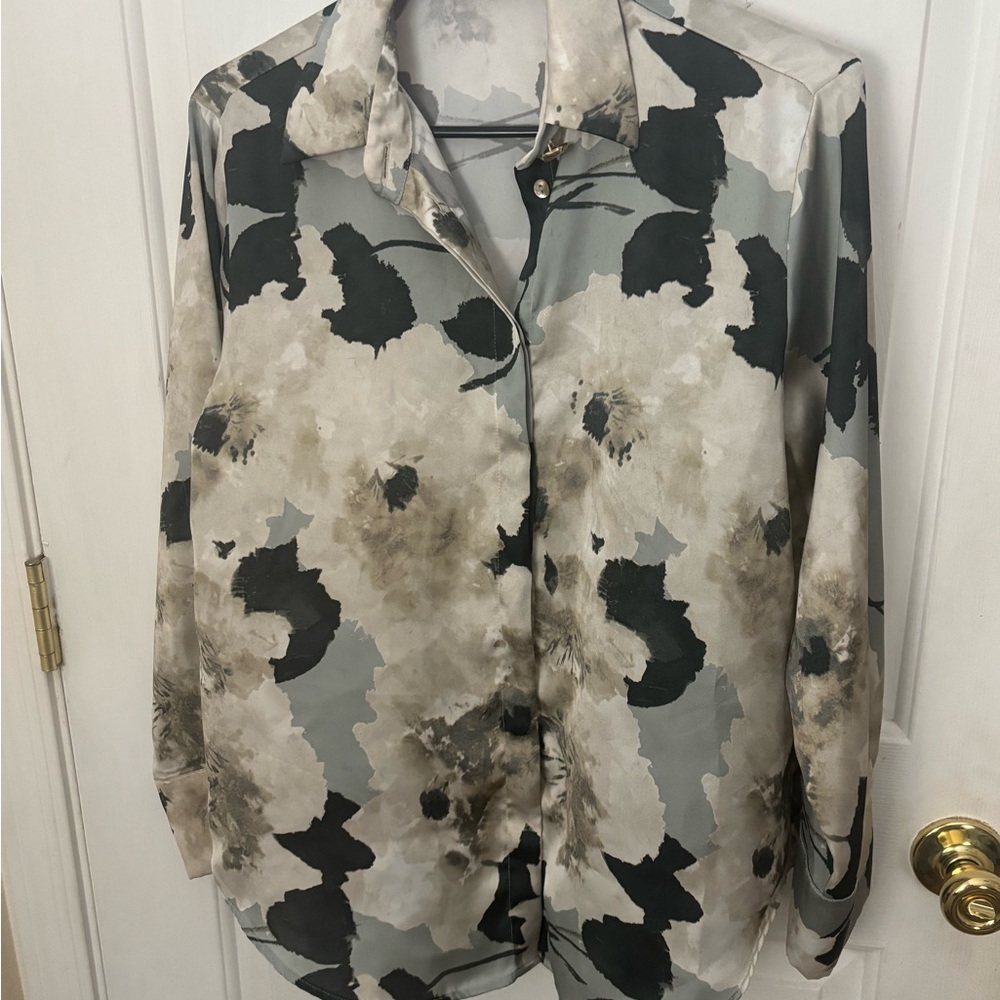 Zara Black and Cream Floral Button Down Shirt